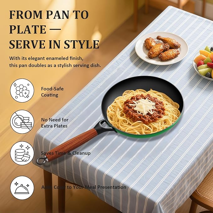 YUTANN 12 Inch Cast Iron Skillet,Pre-Seasoned Large Nonstick Enameled Frying Pan, PFOA&PFAS-Free, Detachable Scald-resistant Wooden Handle, Easy to Clean,Stovetop and oven compatible