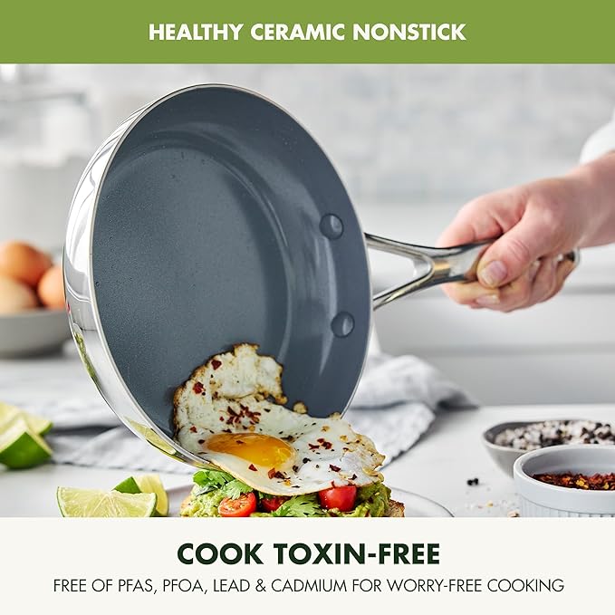 GreenPan Valencia Pro Tri-Ply Stainless Steel 8” 10” & 12” Frying Pan Skillet Set, Ceramic Nonstick PFAS-Free Coating, Multi Clad Cookware, Induction, Dishwasher Oven and Broiler Safe