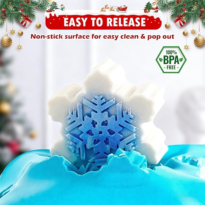 HKNMTT Snowflake Christmas Silicone Mold 12 Cavity 6 Shapes for Holiday Soap Chocolate Cocoa Bomb Ice Candy Oreo Covered Jello Xmas Winter Wax, Oven Safe Baking Frozen Moulds DIY Candle Craft Set