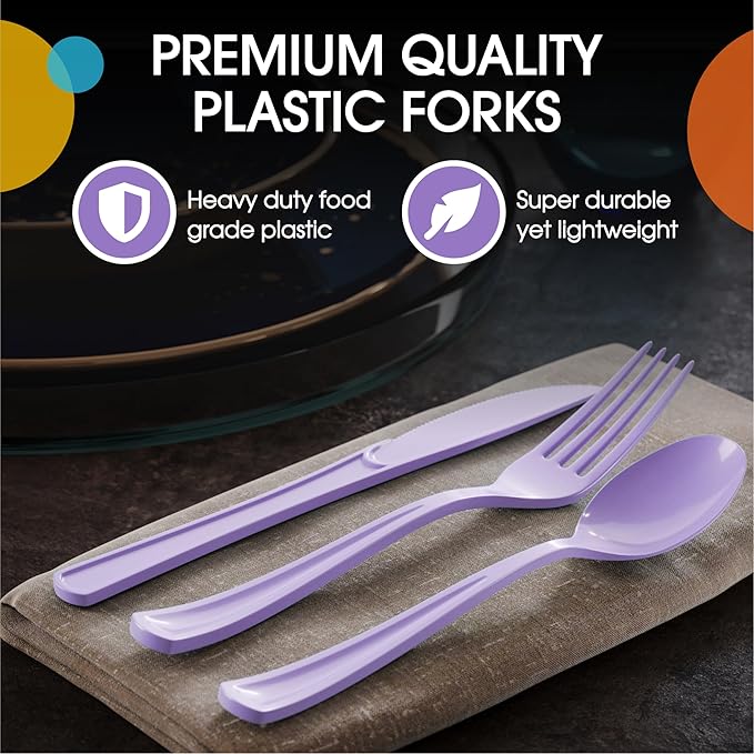 Party Solids Lavender Plastic Silverware Heavy Duty 300 Pieces Lavender Plastic Cutlery Sets, Utensil Sets, 100 Of Each Forks, Knives & Spoons Disposable Cutlery Set, Flatware Set For Party Supplies