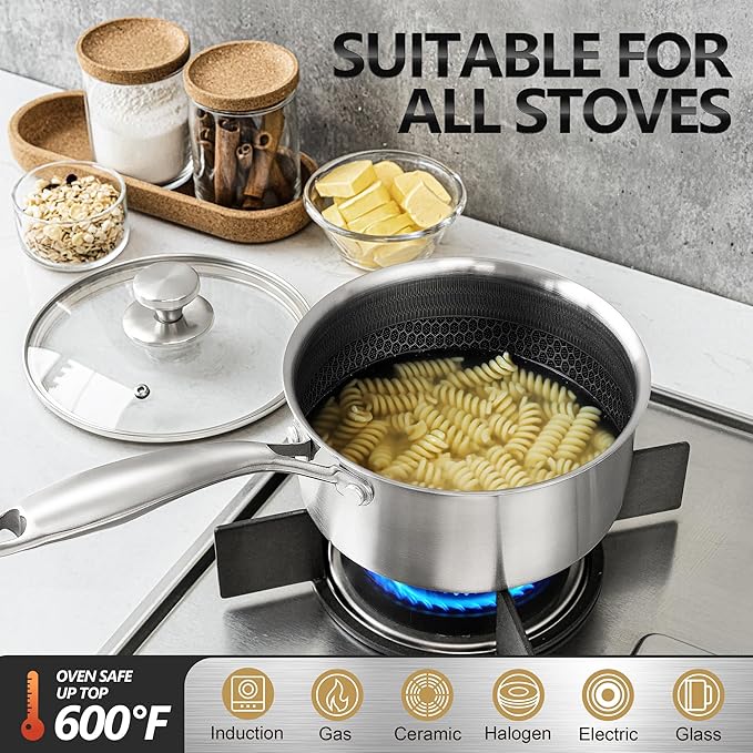 MICHELANGELO Stainless Steel Saucepan Set 1QT & 2QT & 3QT, Premium Triple Ply Sauce Pan with Lid, Sauce Pot with Honeycomb Interior - 6pcs