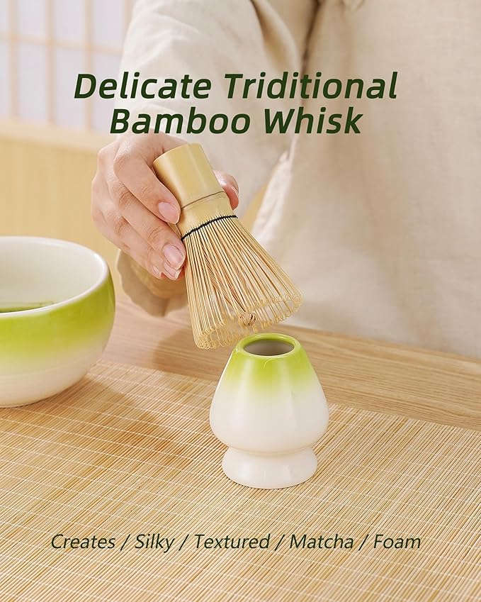 ZENS Matcha Whisk Set, 6pcs Matcha Kit Includes Ceramic Bowl, Handcrafted Bamboo Whisk and Chasen Holder, Scoop, 304 Sifter & Tea Mat，Matcha Set for Tea Ceremony,Latte Making, Green