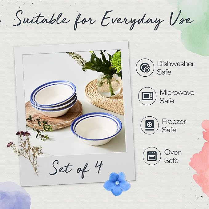 Portmeirion Potter's Stripe Oatmeal Bowl (Set of 4) - Ideal for Porridge, Soup, Desserts - Microwave & Dishwasher Safe Earthenware Bowls, Durable Dishware Collection - Made in UK (Blue Stripe)