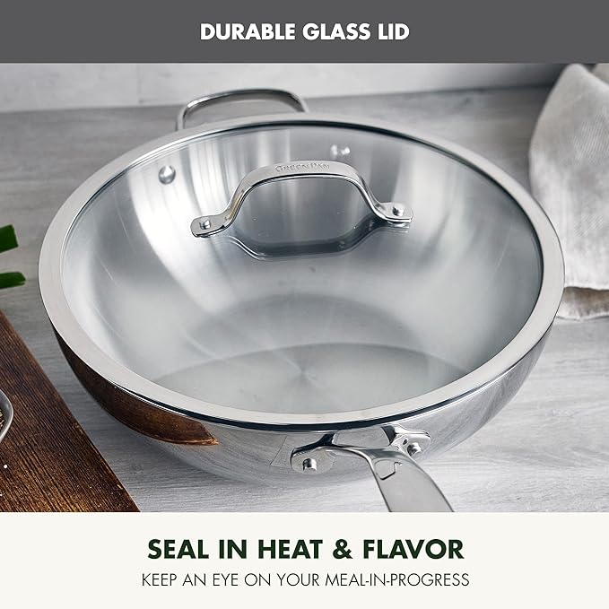 GreenPan Valencia Tri-Ply Stainless Steel 12" Wok Pan with Lid, Induction Ready Skillet, Mirror Finish, Dishwasher Safe & Oven/Broiler Safe to 600F, Compatible with All Cooktops, Silver