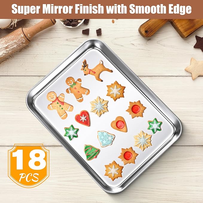 18 Pcs Baking Sheet Pan Set 9 x 6.7 x 1 Inches Cookie Sheet Small Toaster Oven Stainless Steel Tray Barbecue Grill Rectangle Trays, Non-stick, Easy Clean