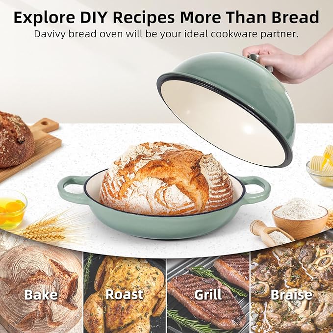 Davivy 5.5QT Cast Iron Sourdough Pan, 10" Round Dutch Oven for Bread, Enameled Cast Iron Dutch Oven for Sourdough Bread, Bread Baking Cloche, with Silicone Baking Mat - Sea Salt Green