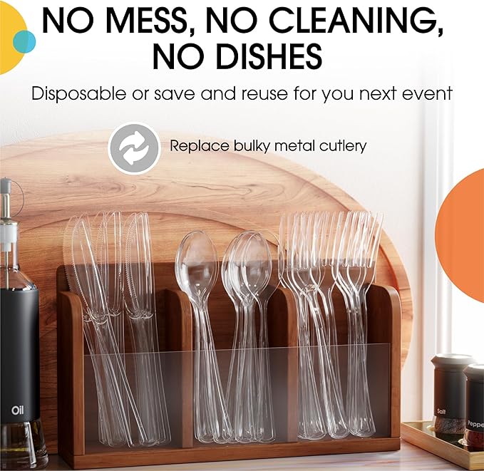 Party Solids Clear Plastic Silverware Heavy Duty 150 Pieces Clear Plastic Cutlery Sets, Utensil Sets, 50 Of Each Forks, Knives & Spoons Disposable Cutlery Set, Flatware Set For Party Supplies