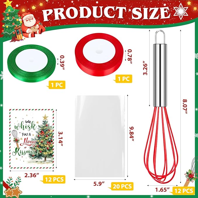 12 Set Christmas Whisk Gifts for Neighbor, Christmas Baking Supplies Include Silicone Whisks Greeting Card Ribbon and Plastic Bag Xmas Cooking Utensils for Neighbor Employee Stocking Stuffers Ideas