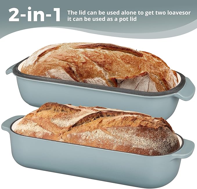 Enameled Cast Iron Loaf Pan with Lid, Dutch Oven Bread pan for Homemade Sourdough Bread Baking, 12.5x5.5 inch, 5qt, Seasalt