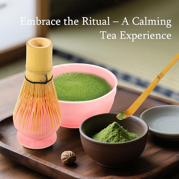 Pink Matcha Tea Set – Japanese Matcha Bowl with Spout, Bamboo Whisk, Scoop, Holder & Strainer – Complete Ceremonial Matcha Kit for Beginners & Gift-Giving