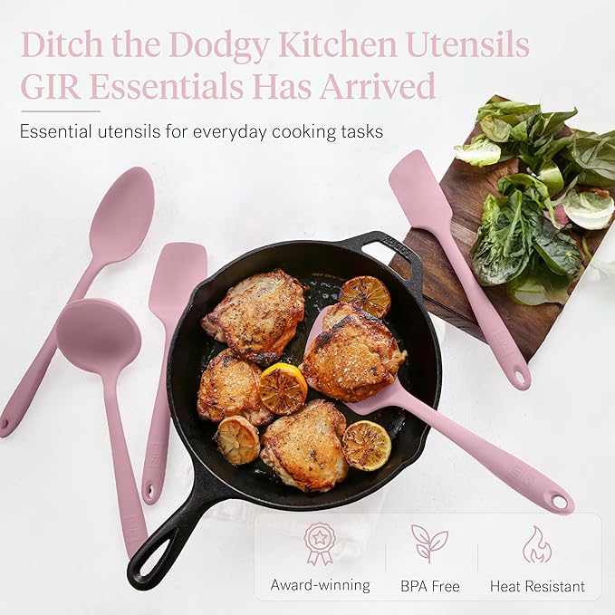 GIR: Get It Right - 5 Piece Essentials All Purpose Set - Ladle, Spatula, Flip, Spoon & Spoonula, Non-stick, Heat Resistant, Dishwasher Safe, Kitchen Utensils, Baking Supplies - Rose