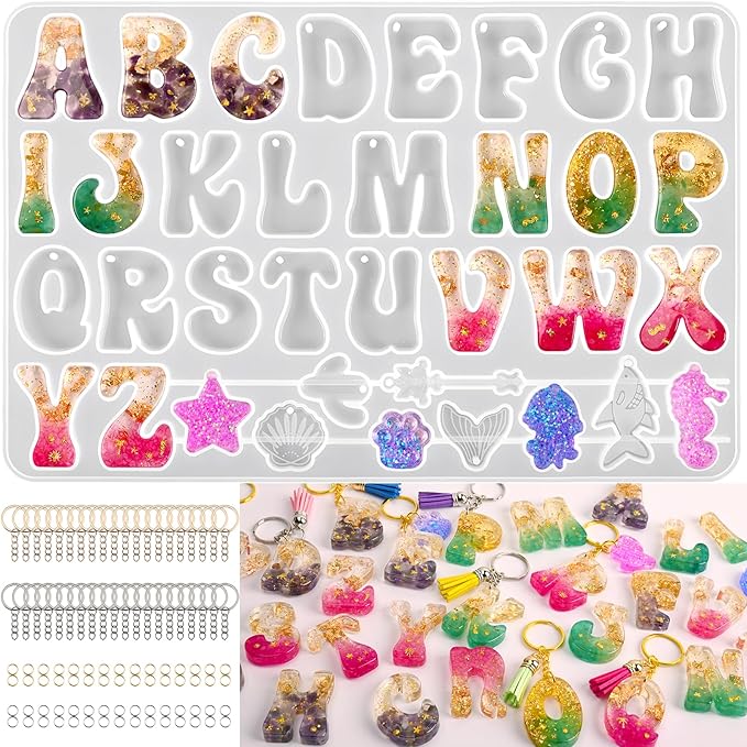 Actvty Alphabet Keychain Molds with Hole, Reversed Alphabet Silicone Molds for Epoxy, Letter Resin Molds for Keychain Jewelry Pendant Making