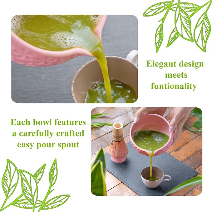 Matcha Whisk Set- Matcha Set includes Matcha Whisk and Bowl with Spout, Sifter, Holder and Scoop- The Perfect Bamboo Whisk for Matcha Tea (Rose Pink)