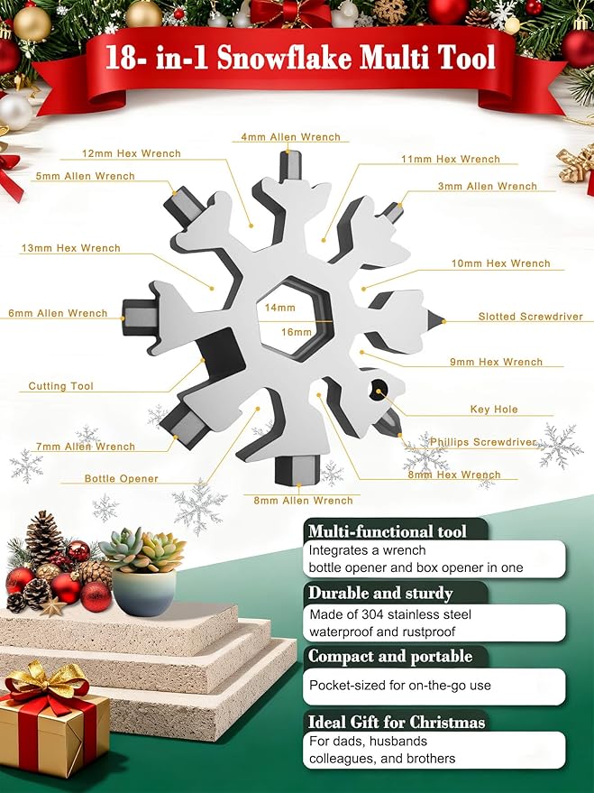 18-in-1 Snowflake Multi Tool – Stainless Steel with Bottle Opener & Wrench,Compact EDC Tool for Camping,Fishing,Hiking, Stocking Stuffers,Gifts for Men,Dad,Husband (Silver)