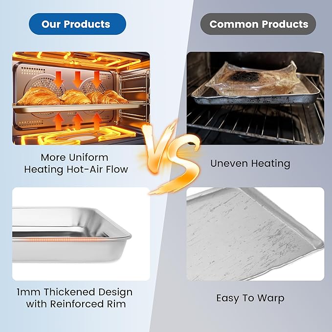 12 Pack Stainless Steel Baking Sheet Pans, 10.5" L × 8" W × 1" H Cookie Sheets for Toaster Oven, Rust-Resistant, Dishwasher Safe