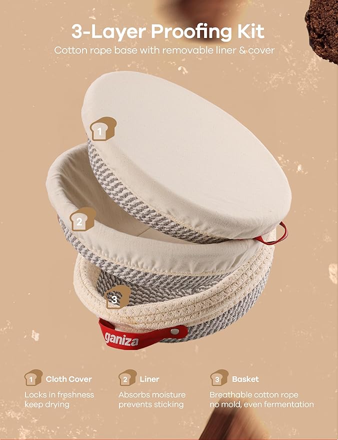 Ganiza Sourdough Starter Kit, Cotton Rope Sourdough Bread Baking Supplies, 9'' Round & 10'' Oval Banneton Basket with Liners & Covers, Sourdough Proofing Basket Kit Gifts for Bakers Women Wife Mom