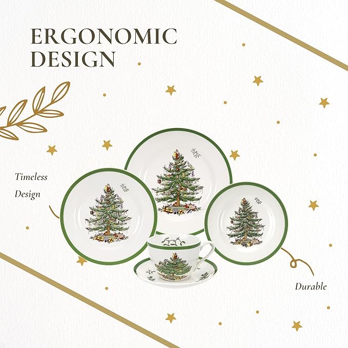 Spode Christmas Tree 5-Piece Place Setting - Festive Earthenware Tableware with Plates, Teacups, Saucers - Microwave, Dishwasher Safe - Christmas Dinnerware & Holiday Tableware