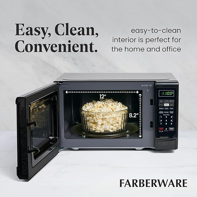 Farberware Countertop Microwave Oven 700 Watts Power Auto Cook Settings, Defrost, Easy Clean and Child Safety Lock, 0.7 Cu. Ft, Black