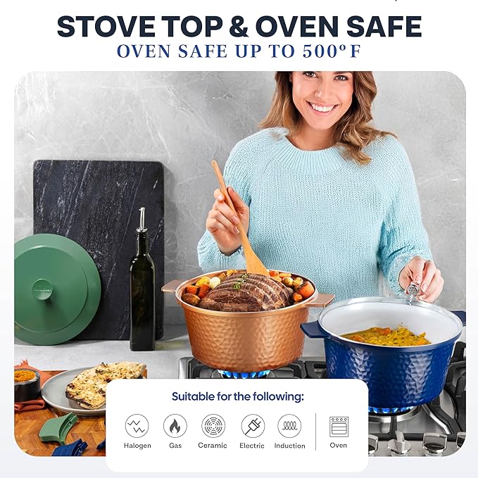 Gotham Steel Hammered 5 Qt Lightweight Dutch Oven Pot with Lid & Holders, Ceramic Non Toxic, Oven Safe & Even Heat Retaining Dutch Oven for Bread Baking Sourdough, Soup, 70% Lighter than Cast Iron