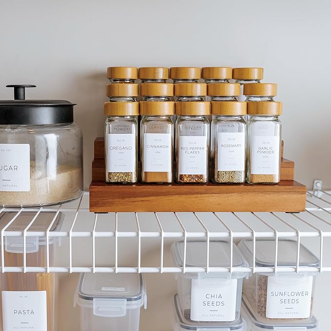 KitchenEdge Expandable Spice Rack Organizer for Cabinet, 3-Tier Shelf for Spice Organization (11” to 22”), Fits 36 Spice Jars, Seasoning and Pantry Storage, Non-Slip Feet, 100% Acacia Wood