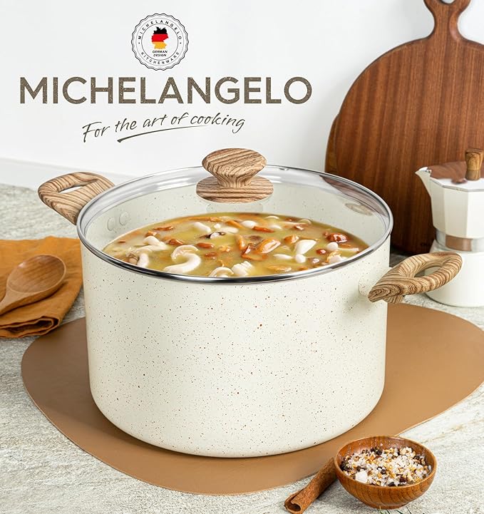 MICHELANGELO 8 Quart Stock Pot with Lid, Nonstick Cooking Pots, 8 Qt Soup Pot with Lid, Induction Pots for Cooking, Stockpot with Healthy Coating, White