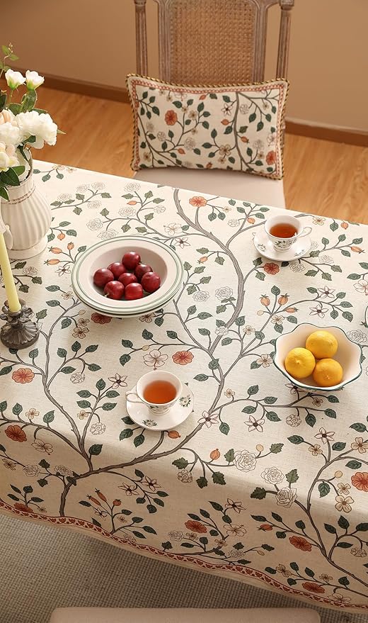 ISAENNE Designer Floral Table Cloth Rectangle,French Linen Light Beige Indoor Tablecloth,Fall Wrinkle Resistant Decor Tablecloths for Dining Thanksgiving Kitchen Party,55"*87"-Flora A