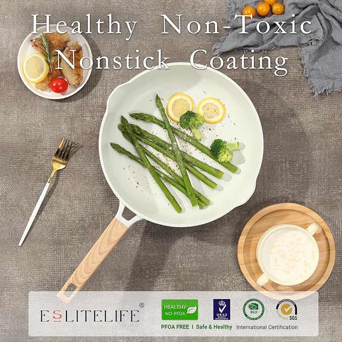 ESLITE LIFE Nonstick Ceramic Frying Pan Skillet with Lid, Non-Toxic Egg Omelette Kitchen Cooking Pans Compatible with All Stovetops (Gas, Electric & Induction), PTFE & PFOA Free (White, 11" w/Lid)