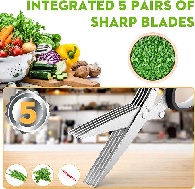 Herb Scissors Set - Updated 2025 Cool Kitchen Gadgets for Cutting Fresh Garden Herbs - Herb Cutter Shears with 5 Blades and Cover, Sharp and Anti-rust Stainless Steel, Dishwasher Safe (Black-White)