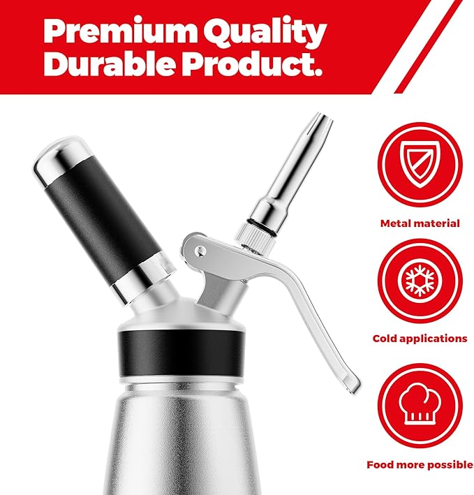 Professional Aluminum Whipped Cream Dispenser - 500 mL/1 Pint,Leak-Free Whipped Cream Maker Canister with 8 Decorating Nozzles & Cleaning Brush - N2O Chargers (Not Included) (Silver, 500ml)