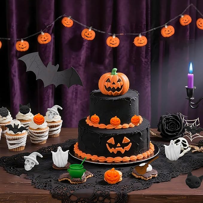 Halloween Chocolate Molds,2PCS Halloween Silicone Mold-Ghost,Pumpkin,Bat,Skull Witch Hat,Spider Web,Broom,Cat,Medicinal Liquid,Non-Stick 3D Baking Candy Mold Set for Jelly Gummy Cookies Pudding Cake