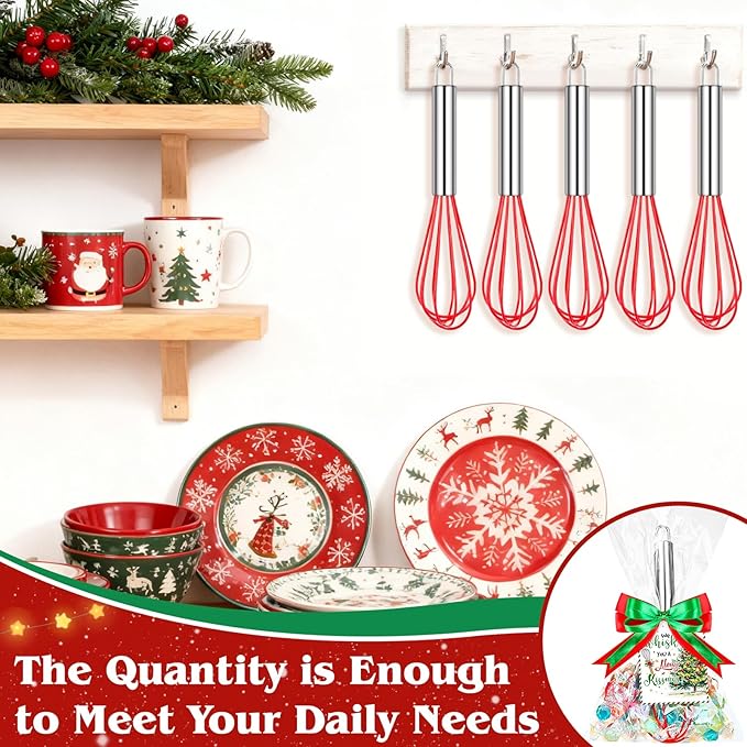 12 Set Christmas Whisk Gifts for Neighbor, Christmas Baking Supplies Include Silicone Whisks Greeting Card Ribbon and Plastic Bag Xmas Cooking Utensils for Neighbor Employee Stocking Stuffers Ideas