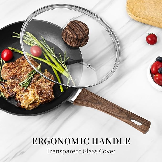 Innerwell Frying Pan Set With Lids - Non Stick Frying Pans Set 3 Pcs, Nonstick Skillet Pans Set Egg Omelette Pan W/Lid, PFOA Free, Induction Non Toxic Cooking Black Pan Set