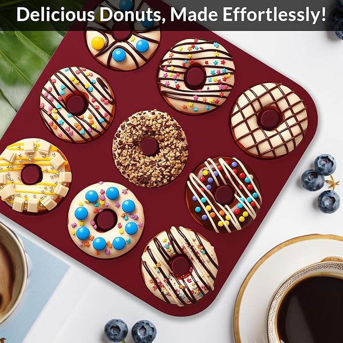 Large Silicone Donut Pan for Baking, 9 Cavity Non-Stick Food Grade Silicone Donut Molds, Doughnut Pan and Bagel Pans for Baking & Kitchen, BPA Free 11.2 x 11.1 Inches, Dishwasher Safe - Claret Red
