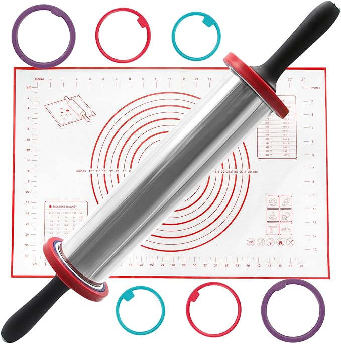 SHIKORI Rolling Pin,Adjustable Rolling Pin with Thickness Rings, Stainless Steel Dough Roller Baking Supplies for Pizza Pastry Fondant Pie Pasta-Red