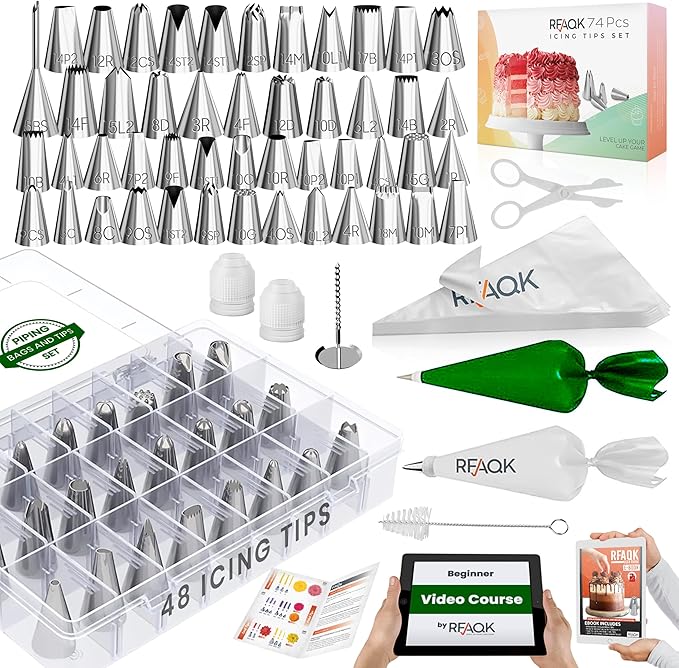 RFAQK 74 PCs Icing Piping Bags and Tips Set, Cake Decorating Kit with 48-Numbered Piping Tips, 20+1 Pastry Bags for Cookie Cupcake Cake Decoration, with Booklet and E-book (Green)