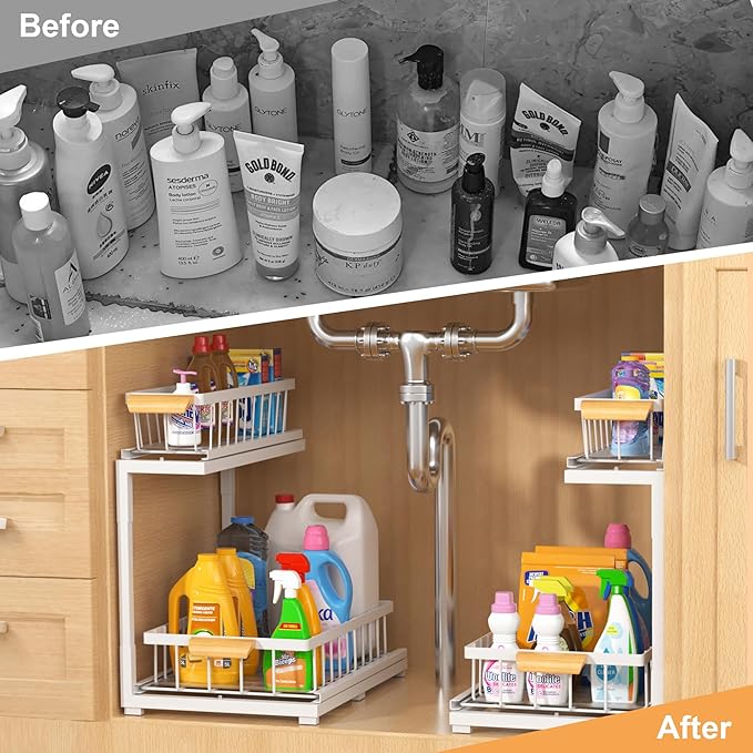 Under Sink Cabinet Organizer, 2-Tier Pull Out Storage Shelves, Adjustable Bathroom Kitchen Drawer (White, 2-Pack)