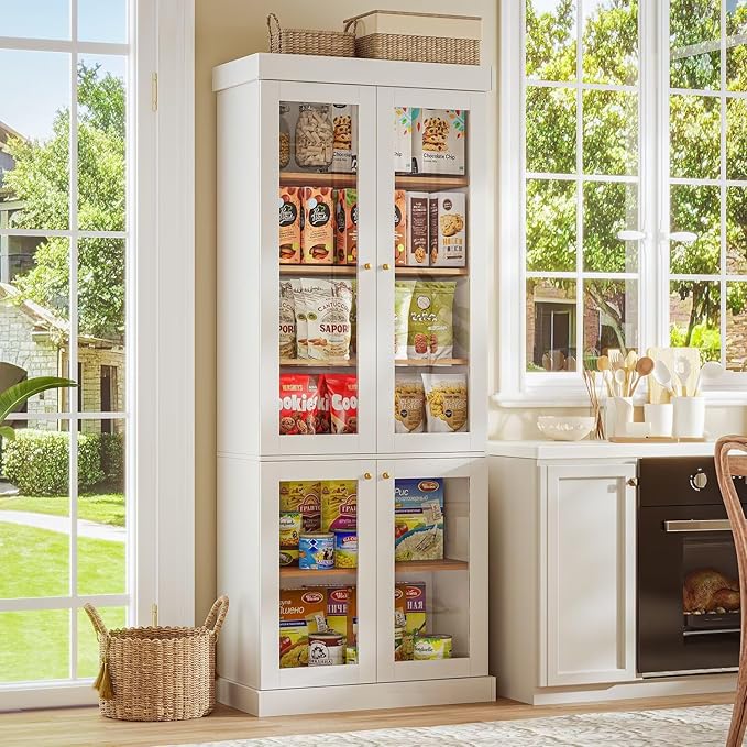 70.8" Tall Farmhouse Kitchen Pantry Cabinet with Glass Doors, Modular Wooden Storage Cabinet with 6-Tier Adjustable Shelves, Hutch for Kitchen or Living Room, Set of 3, White