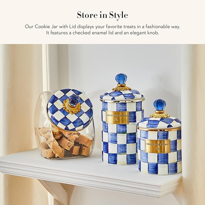 MACKENZIE-CHILDS Cookie Jar with Enamel Lid, Large Glass Treat Jar or Kitchen Jar, 1-Gallon Capacity, Blue-and-White Royal Check