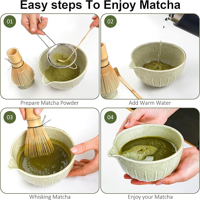 Matcha Bowl and Tea Whisk Set, 7-Piece Collection: 19-ounce ceramic bowl, whisk stand, bamboo scoop with scoop holder, tea strainer, and tea towel. Complete matcha ceremony set.