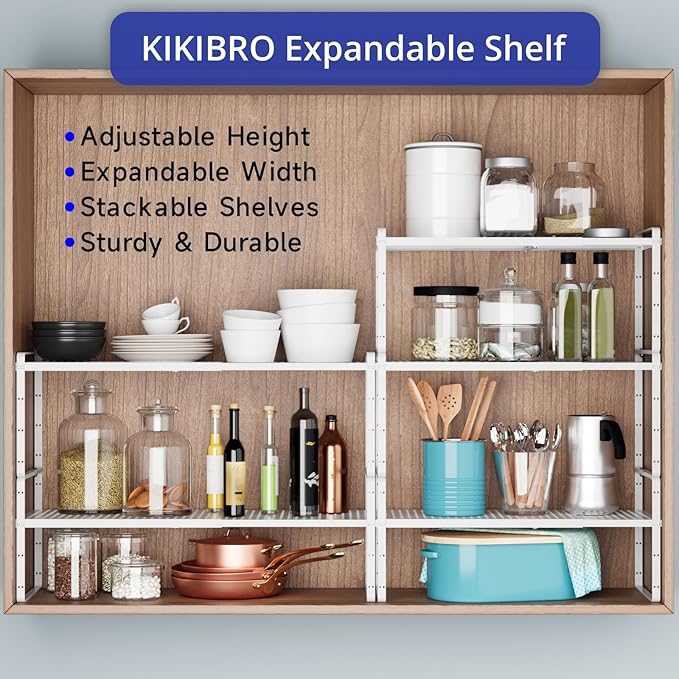 Expandable Kitchen Shelf Organizers, Kitchen Cabinet Organizer Stand Rack Organization for Countertop Cupborad Pantry, White 1 Pack