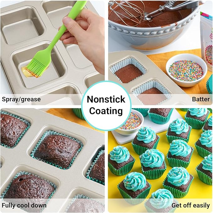 Beasea Mini Brownie Pan, 2 Pack 6 Cavity Gold Square Inidividual Brownie Muffin Cake Cutter Pan Mini Cheesecake Cupcake Bakeware Carbon Steel Brownie Baking Tray Bakeware for Oven Baking