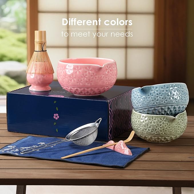 7Pcs Matcha Whisk Set, Ceramic Matcha Bowl with Spout,Bamboo Whisk and Holder, Bamboo Scoop,Scoop Rest,Sifter and Tea Towel,Matcha Kit w/Cherry Blossom Carved Pattern (Blue)