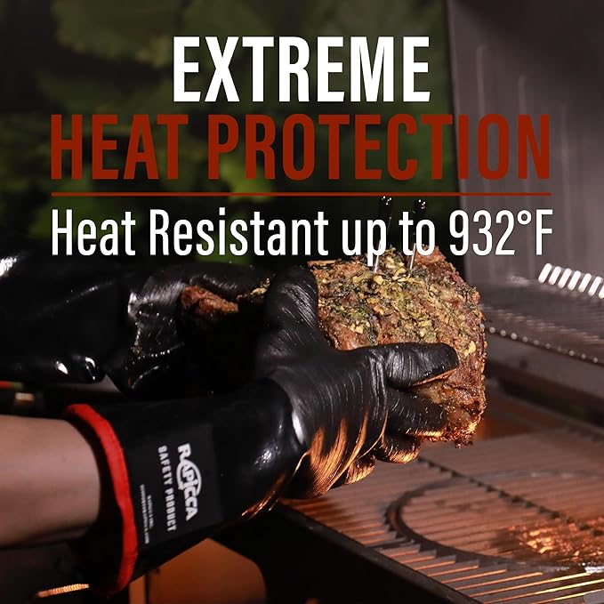 RAPICCA 932°F Heat Resistant BBQ Grill Gloves: Oil Resistant Waterproof for Smoking Grilling Cooking Barbecue Deep Frying Turkey Rotisserie Handling Hot Greasy Meat Stocking Stuffers - Long Sleeve