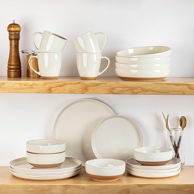 AmorArc Ceramic Dinnerware Sets with Pasta Bowls for 6, Handpainted Plates and Bowls Set with Rustic Terracotta Underside, Scratch Resistant Dishes Set, Dishwasher & Microwave Safe, 24 Pcs
