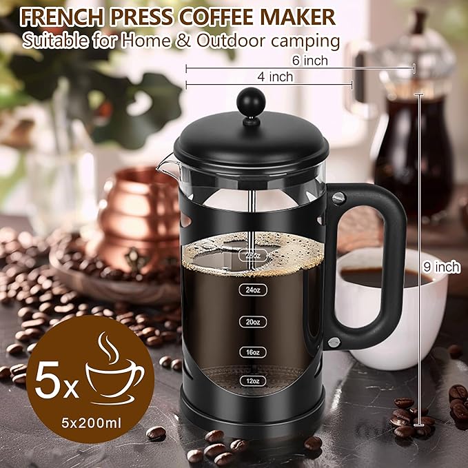 34 Ounce French Press Coffee Maker Black Stainless Steel Coffee Press, with 4-Level Filter System, Heat Resistant Thickness Borosilicate Glass, BPA-Free Brewed Coffee Pot for Camping Gifts