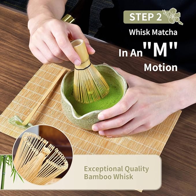 Matcha Whisk Set - Complete 8-Piece Japanese Tea Making Kit With Ceramic Bowl (Chawan), Bamboo Whisk (Chasen), Sifter, Scoop, Holder & Guide - Ideal Gift For Tea Enthusiasts (Mottled Green)
