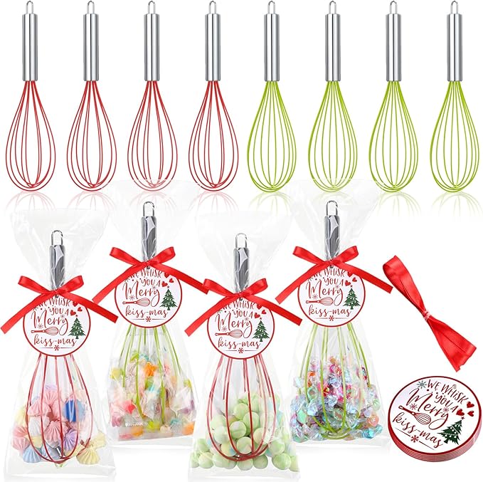 12 Sets 10 Inch Christmas Whisks Gifts DIY Fillable Christmas Tree Ornaments Xmas Colored Silicone Whisks for Cooking Heat Resistant Egg Beaters with Card Rope Bag for Candy Holder