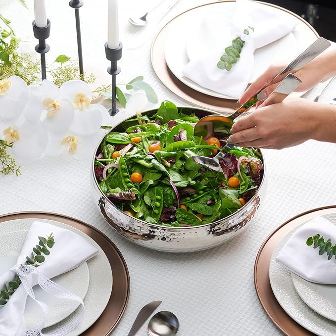 Salad Bowl and Serving Utensils - Hammered Detailing - Stainless Steel Mixing Bowls with Lids- Luxurious Serving Bowls (12" Hammered Salad Bowl)