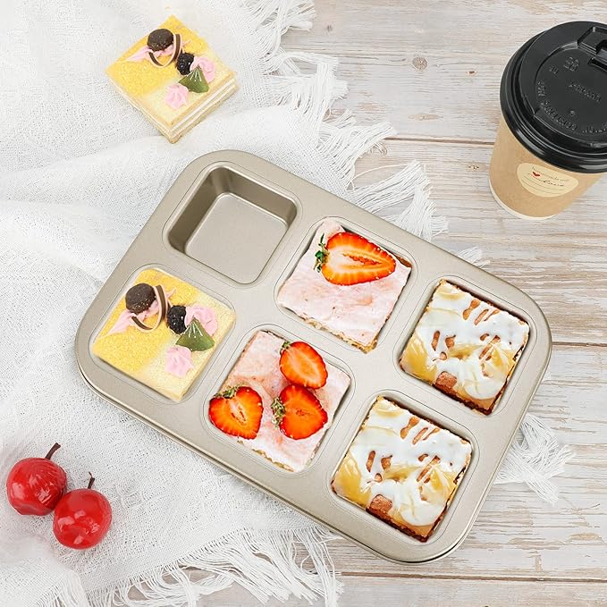 Beasea Mini Brownie Pan, 2 Pack 6 Cavity Gold Square Inidividual Brownie Muffin Cake Cutter Pan Mini Cheesecake Cupcake Bakeware Carbon Steel Brownie Baking Tray Bakeware for Oven Baking