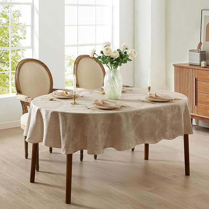 Newbridge Barcelona Luxury Damask Fabric Tablecloth, 60” Wide x 102” Oval, Golden Beige, 100% Polyester, No Iron, Soil Resistant Dining Room, Party and Banquet Table Cover